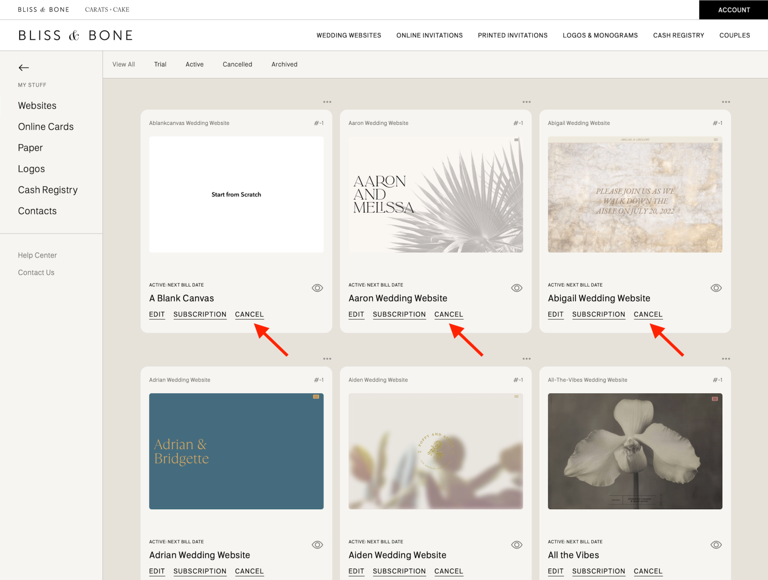 wedding website thumbnails
