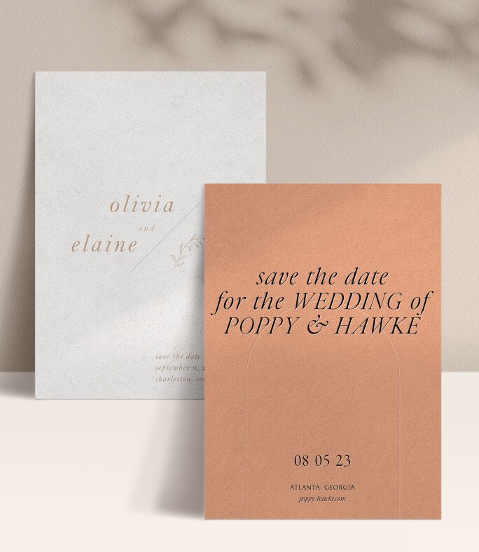 One white save the date for a couple named Olivia and Elaine and an orange Save the Date for a couple named Poppy and Hawke